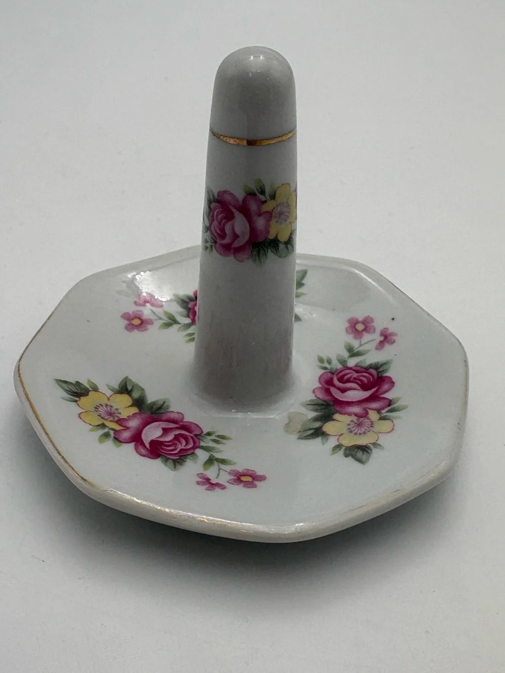 Vintage Porcelain Floral Ring Holder - Pink & Yellow Roses